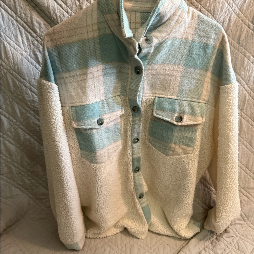 Amazon Women's Teddy Jacket in Cream and Blue Plaid